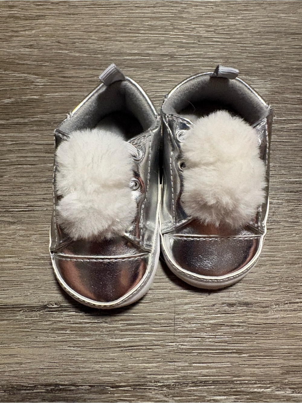 Kids Metallic Silver Pom Pom Sneakers